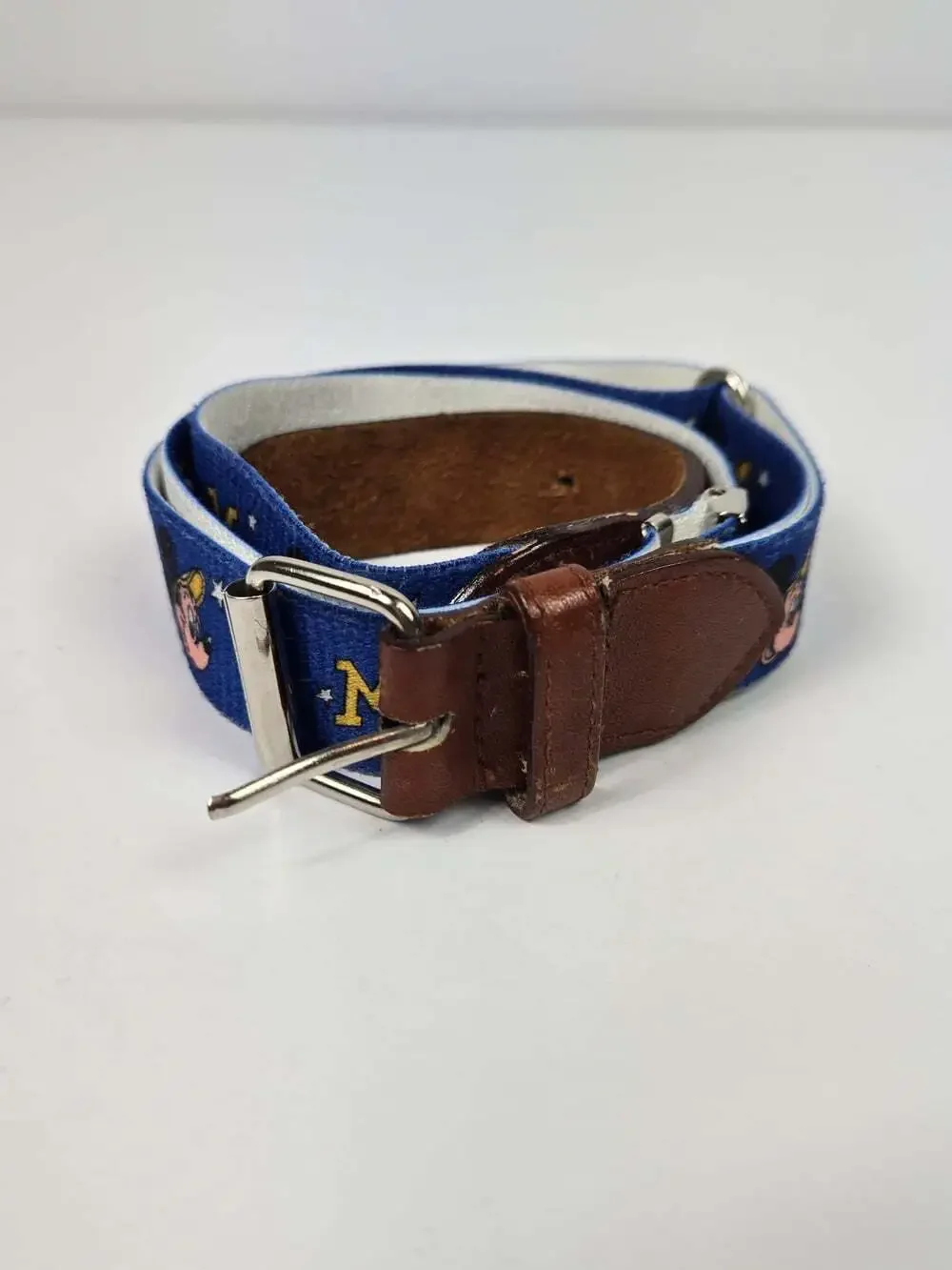 Vintage Disney Mickey Mouse Kids Adjustable Belt Blue Leather Trim Collegiate